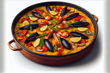 Seafood. paella with rice, langoustine, mussels, squid, shrimp