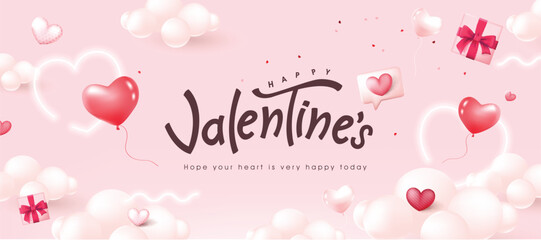 Valentines day card or banner background with Heart Shaped Balloons and text design on pink sky - obrazy, fototapety, plakaty