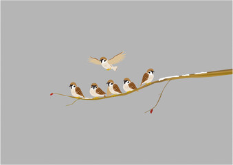 雪が降る枝に止まるスズメたちのイラスト02