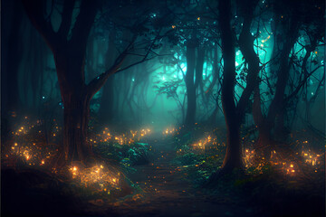 Gloomy fantasy forest scene at night with glowing lights. Generative AI.