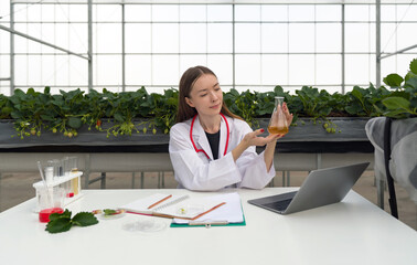 Caucasian female botanical scientist in white gown observes yellow chemical in Erlenmeyer flask....