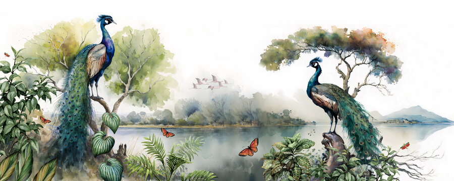 wallpaper of forest landscape with lake, plants, trees, roses, birds, peacocks, butterflies and insects	