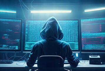 Young hacker hacking a network system with a laptop computer, danger for cyber security and antivirus commercial purpose, reworked and enhanced ai generated mattepainting illustration - obrazy, fototapety, plakaty