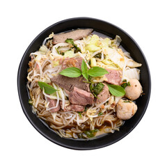 Thai rice noodle soup with pork, pork ball and vegetables