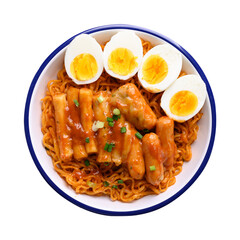 Korean spicy instant noodle with Tteokbokki, sausage and egg