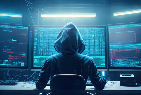Young hacker hacking a network system with a laptop computer, danger for cyber security and antivirus commercial purpose, reworked and enhanced ai generated mattepainting illustration