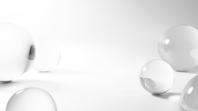 白背景に球体の透明なガラスの画像。美白、スキンケア、化粧品の背景イメージ。（横長）