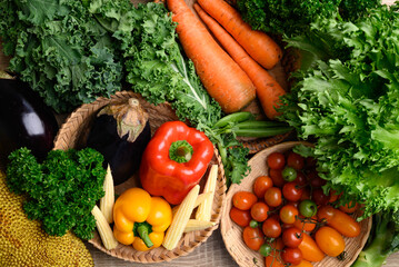 Fresh organic vegetables from local farmers market, Sustainability concept, Table top view