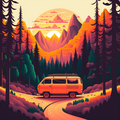 Van Life Adventure A Serene Illustration of a Minivan Traveling Along a Winding Forest Road Surrounded by a Beautiful Mountain Landscape at Sunset