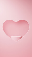 薄いピンク色の背景に台座。ハート型にくりぬいた背景。（縦長）