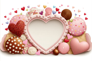 Valentine's Day background with love chocolate and candy on white table top view,  Valentine Background, Generative AI