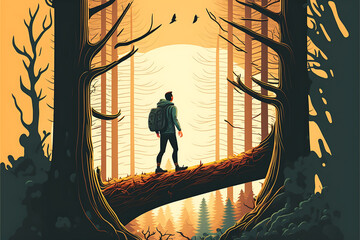 Experience Nature's Wonders with Our Vector of a Traveler in the Forest, Generative AI
