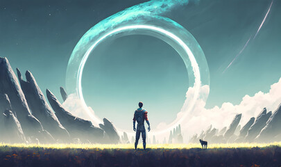 Sci-fi scene showing futuristic man standing in a field looking at the planet with giant rings, digital art style, illustration painting
