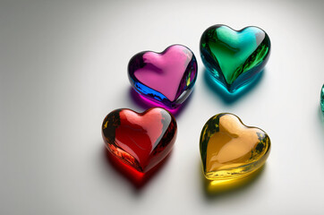 Colorful hearts made of glass isolated. Generative AI.