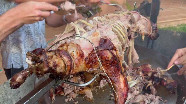 Wild men hands cutting a whole lamb with forks like savages on a spit metal stick with golden crispy skin, lamb bbq grill time during summer, 4K shot