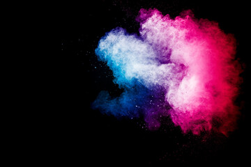 Freeze motion explosion of blue pink dust on  black background. Stopping the movement of colorful...
