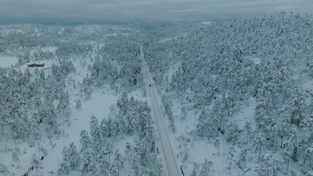Drone footage of an EV driving in beautiful snowy landscape in Norway with snow covered tree tops