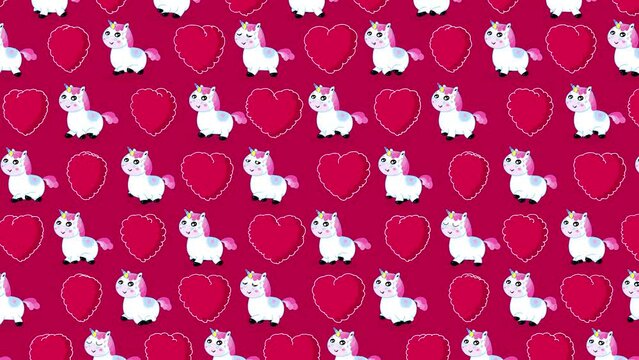 White cartoon unicorn and red heart wallpaper on pink background. Cute valentine's day animation good as backdrop for intro, party, television programme, presentation, etc... Seamless loop.