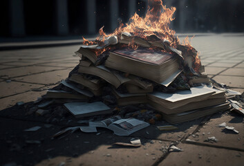 Burning stack of books  on the street to represents an element of censorship ,cultural, religious or political, generative ai - obrazy, fototapety, plakaty