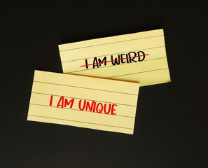 Yellow note with handwritten text I AM WEIRD changed to UNIQUE,  to replace negative thoughts with...