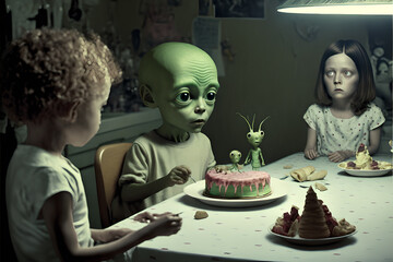 A green alien child having a big birthday party with cake and friends