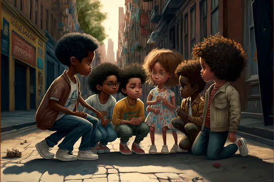 Sweet children playing in the street, black, african american and white, of all races, living in harmony, cartoon style