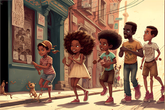 Sweet children playing in the street, black, african american and white, of all races, living in harmony, cartoon style