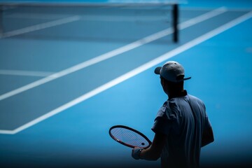 Hitting a ball with a racquet in a sport event in australia. Playing tennis on a blue tennis court