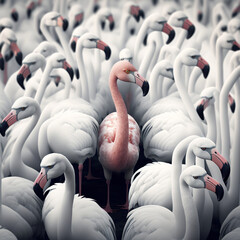 group of white flamingos with pink flamingo in the center, created using Generative AI