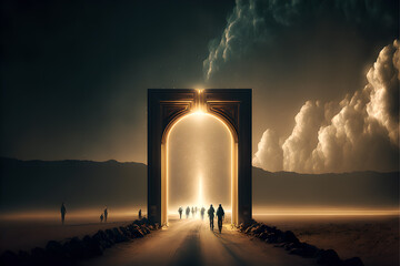 People's souls walk through a heavenly gate into the light of heaven or the afterlife, epic and majestic