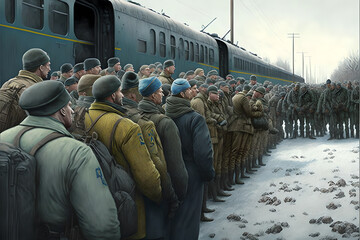 Illustration of young soldiers shipped to war by train, sombre mood, conscription and draft, going into the unknown of battlegrounds and fighting - obrazy, fototapety, plakaty