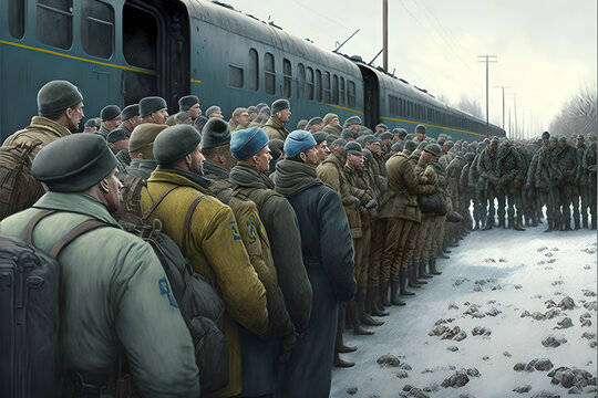 Illustration of young soldiers shipped to war by train, sombre mood, conscription and draft, going into the unknown of battlegrounds and fighting
