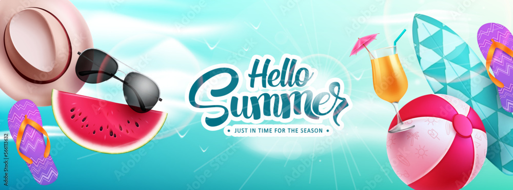 Poster hello summer vector background. hello summer text with colorful beach elements design for holiday va