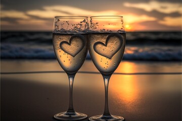 Obraz premium Two champagne glasses toasting each other with engraved hearts and sparkling love, Valentine's Day, love, partnership, romance created with generative ai technology