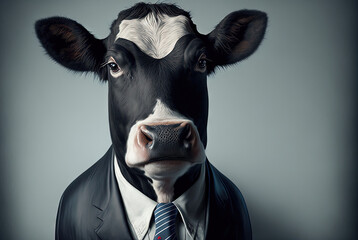 Portrait of a cow dressed in a formal business suit, generative ai