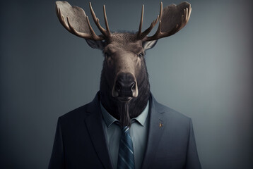 Portrait of a moose dressed in a formal business suit, generative ai