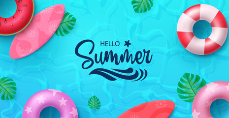 Summer vector background design. Hello summer text in swimming pool water with beach elements. Vector illustration tropical season greeting background.  © Zeinous