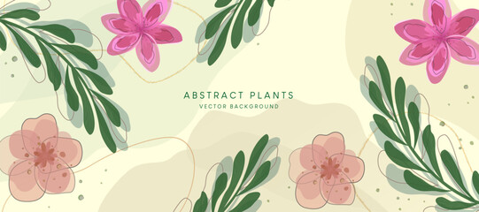 Abstract plant vector background. Abstract plants vector background text with green plants and colorful flowers in water color design. Vector illustration abstract wallpaper background.
