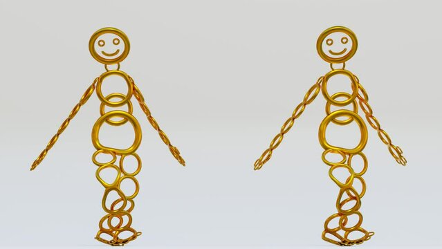 a stylized 3d cheerful little man made of golden rings dances on a white background. 3d render