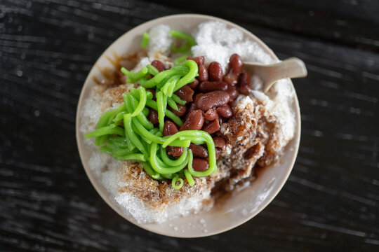 Cendol, iced sweet dessert in Southeast Asia in top view