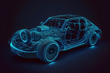 Augmented reality wireframe of vintage car concept with blue background, wireframe model of Car design, technology behind modern cars, Super Car wireframe rendering 3d 