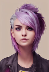 Naklejka premium Future cyberpunk beautiful young girl with purple hair and modern coat. Generative AI Art.