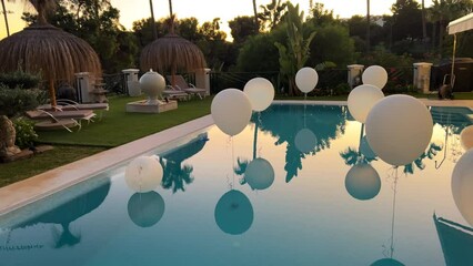 Beautiful swimming pool garden party in a tropical place with white balloons, tiki umbrellas and palm trees, sunset reflection on water, fun celebration, event planning, 4K shot