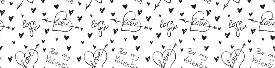Vector seamless pattern of hearts with an arrow and lettering of love theme. Hand drawn texture, background for wrapping paper, greeting cards, Valentine's day
