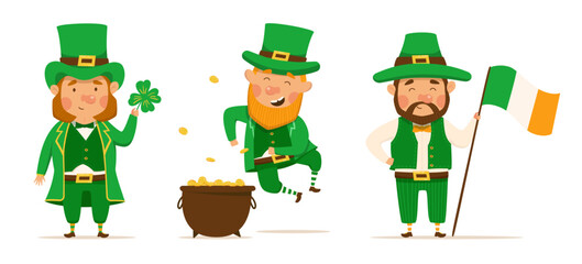 St. Patrick's Day set of different characters of leprechauns in different suits. Vector Illustrations. Cheerful men character. Lucky clover, pot of gold and Irish flag. For design and stickers