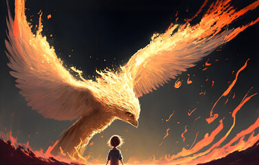 The child looking at the phoenix bird flying above him, digital art style, illustration painting
