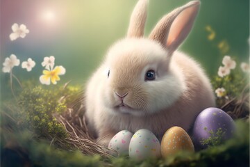 Fototapeta premium Cute little rabbit happy easter eggs with Generative AI