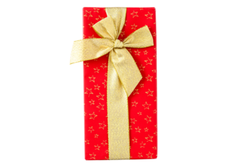 Gift wrapped box of chocolates, red paper with gold stars and wide gold ribbon, ready to celebrate
