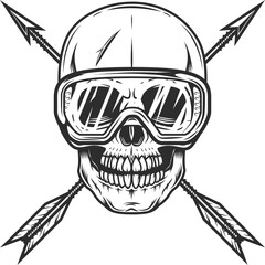 Skull with safety glasses and vintage hunting arrow in monochrome style isolated illustration. Design element for label or sign and emblem