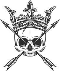 Skull without jaw with royal crown and vintage hunting arrow in monochrome style isolated illustration. Design element for label or sign and emblem